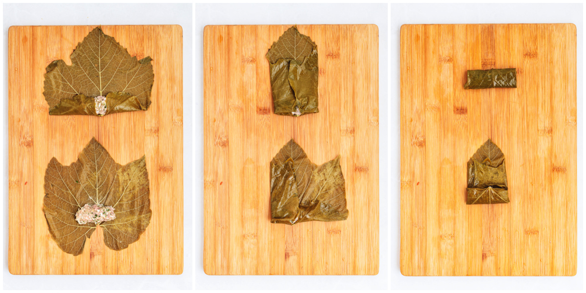 A series of process images showing how to roll dolmathes in grape vine leaves.