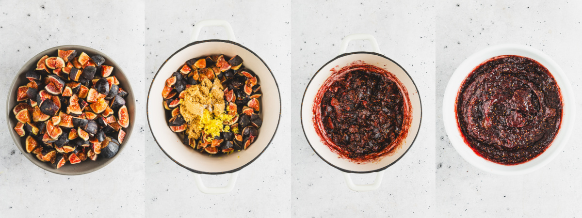 A series of process image showing how to make fresh fig filling.