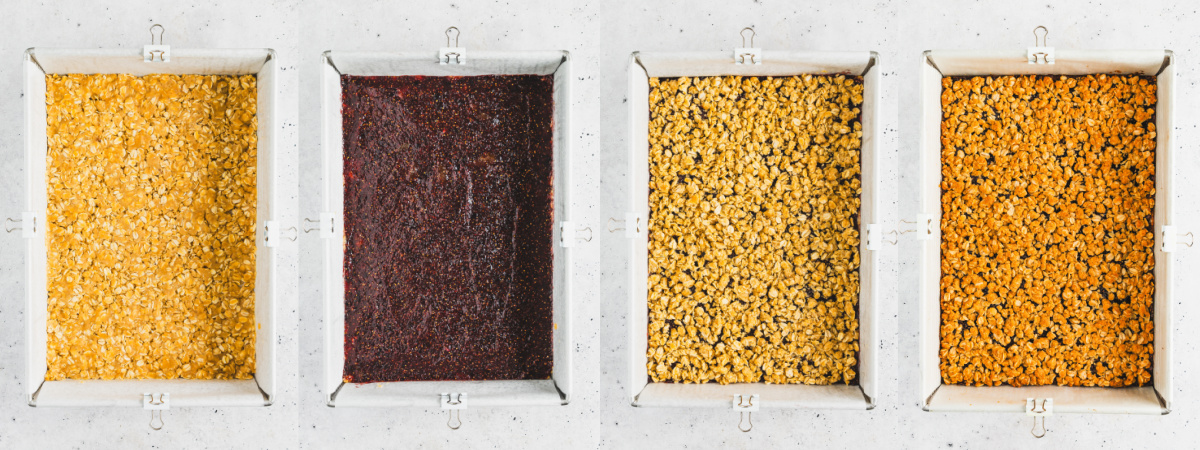 A series of process images showing how to assemble the layers of fig bars before baking.