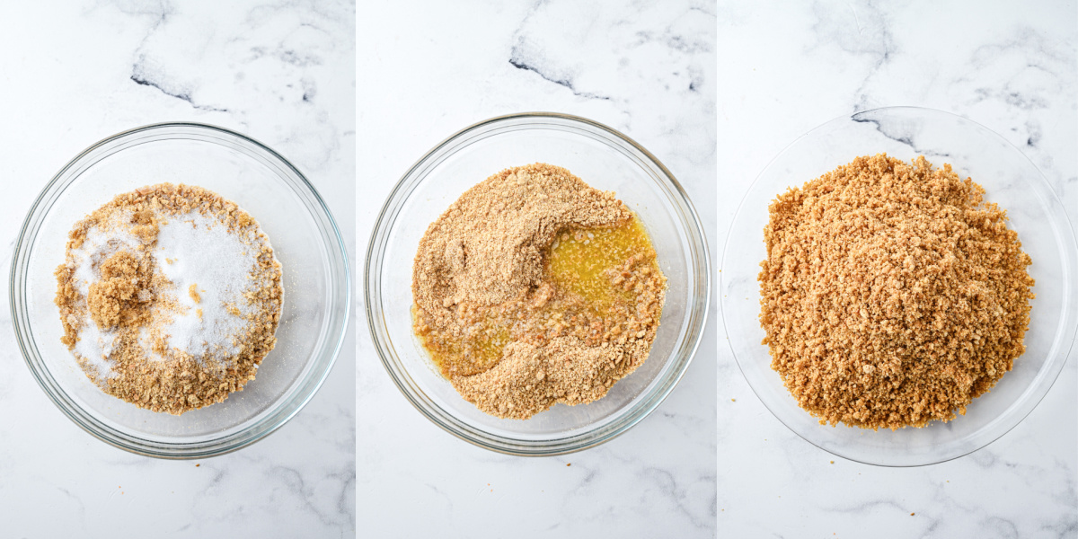 A series of photos showing how to mix up a graham cracker pie crust.
