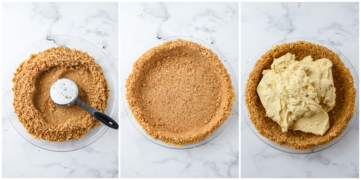 A series of process photos showing how to press and fill a graham cracker pie crust.