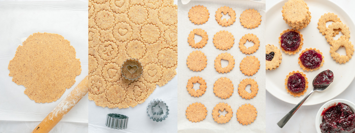A series of process images showing how to roll, cut, and bake Raspberry Linzer Cookies.