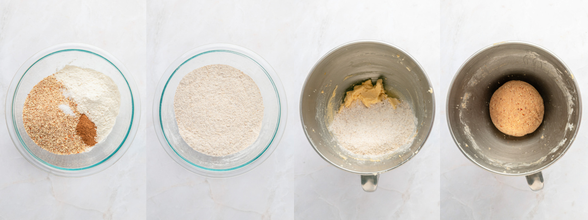 A series of process images showing how to mix the dough for Raspberry Linzer Cookies.