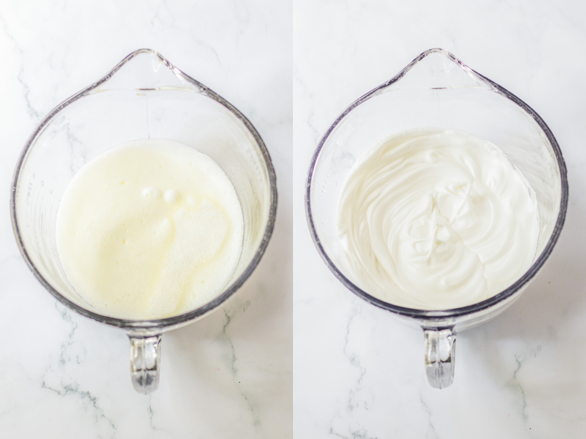 Two photos showing soft stage and stiff peak stage of meringue.