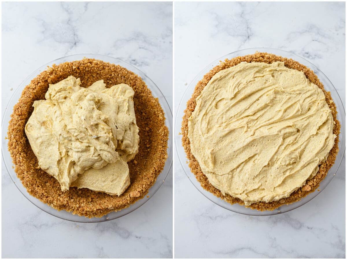 A series of process images showing how to fill and smooth eggnog filling in a graham cracker pie crust.