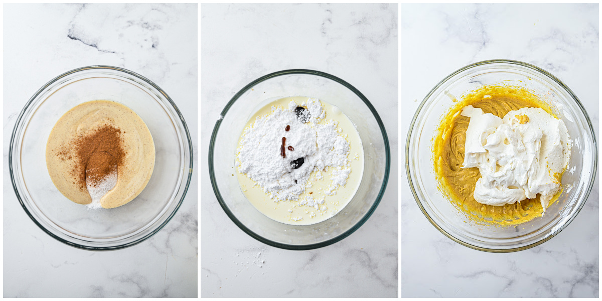 A series of photos showing how to mix and fold eggnog pie filling.