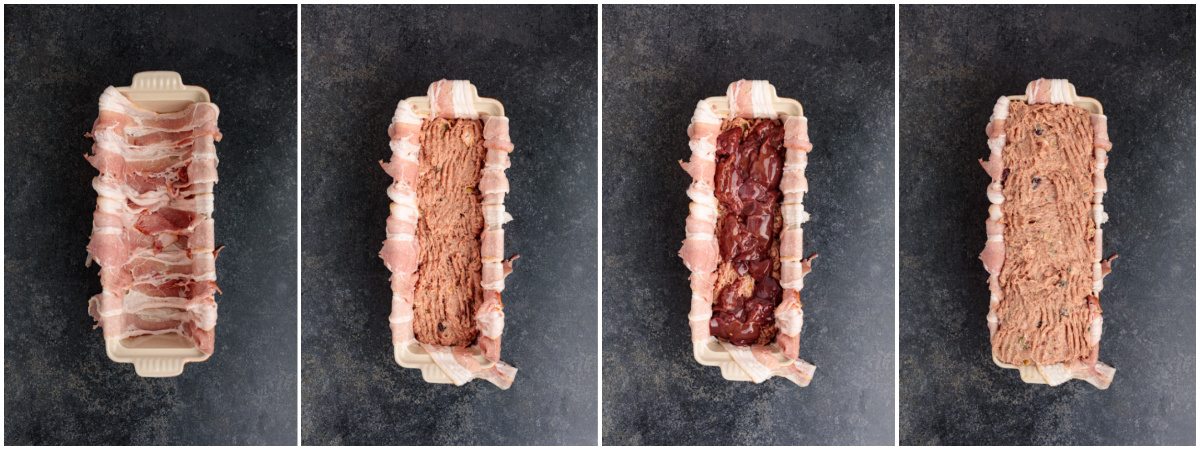 A series of process images showing how to fill and wrap a pork terrine.