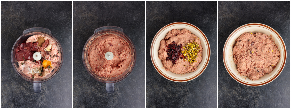 A series of process images showing how to mix the pork filling for a terrine.
