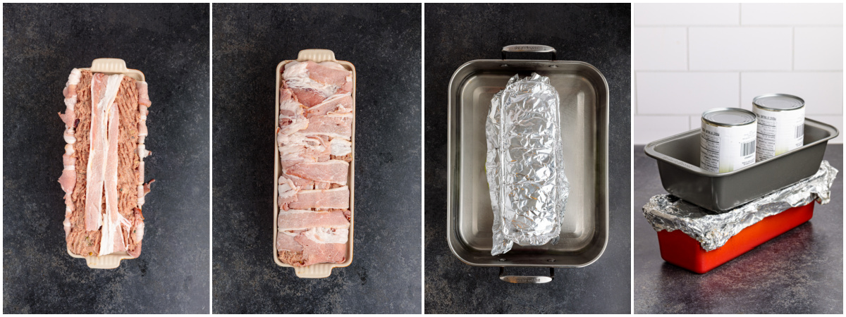 A series of process images showing how to wrap and cook a pork terrine.