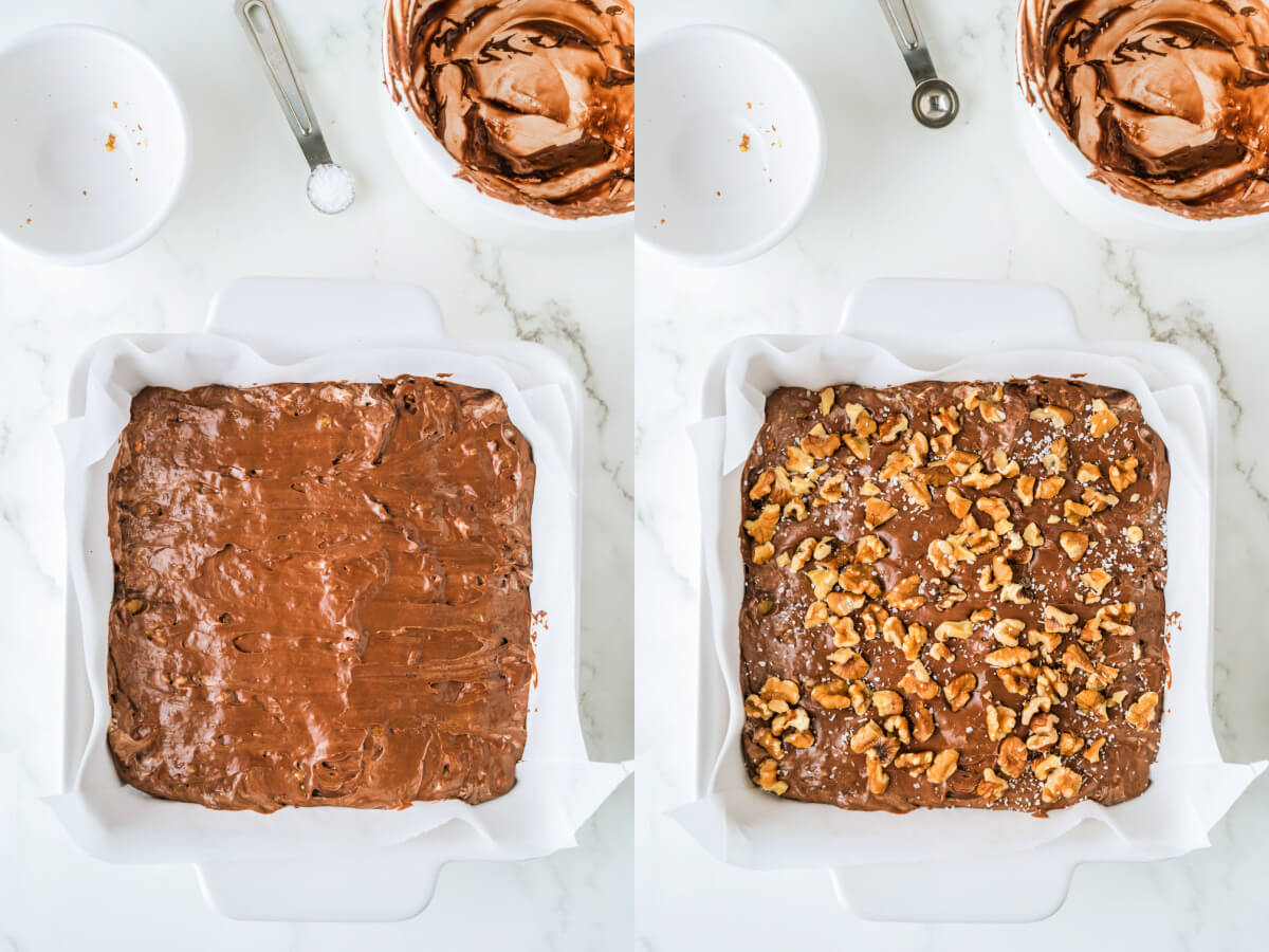 Two photos showing how to place fudge in a parchment lined baking dish.