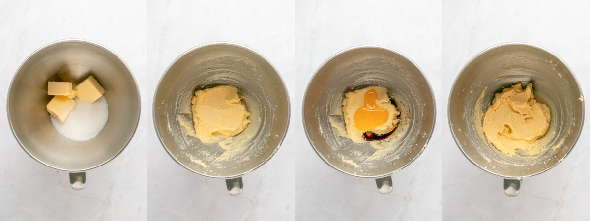 A series of process images showing how to mix wet ingredients for Raspberry Linzer Cookie dough.