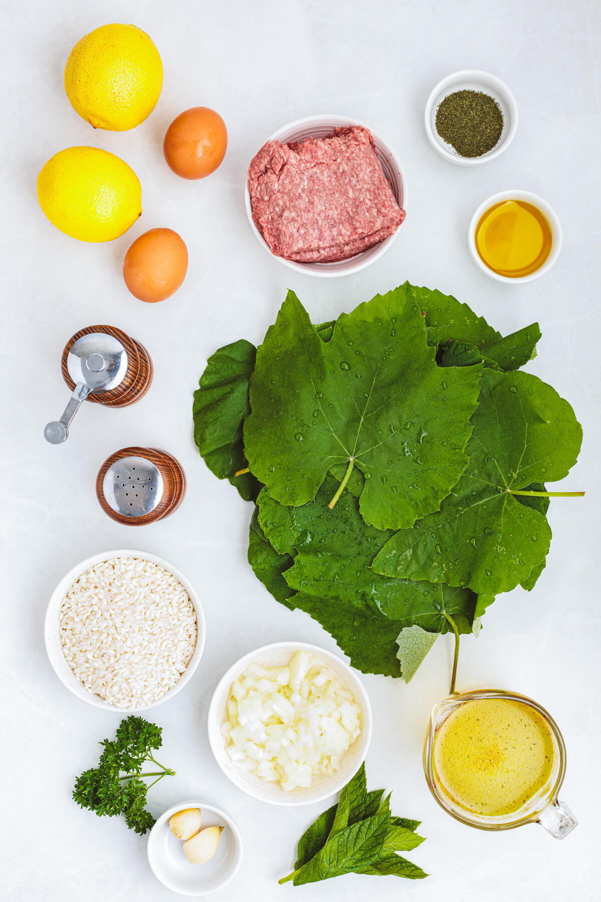 Ingredients required to make dolmathes in avgolemono sauce.