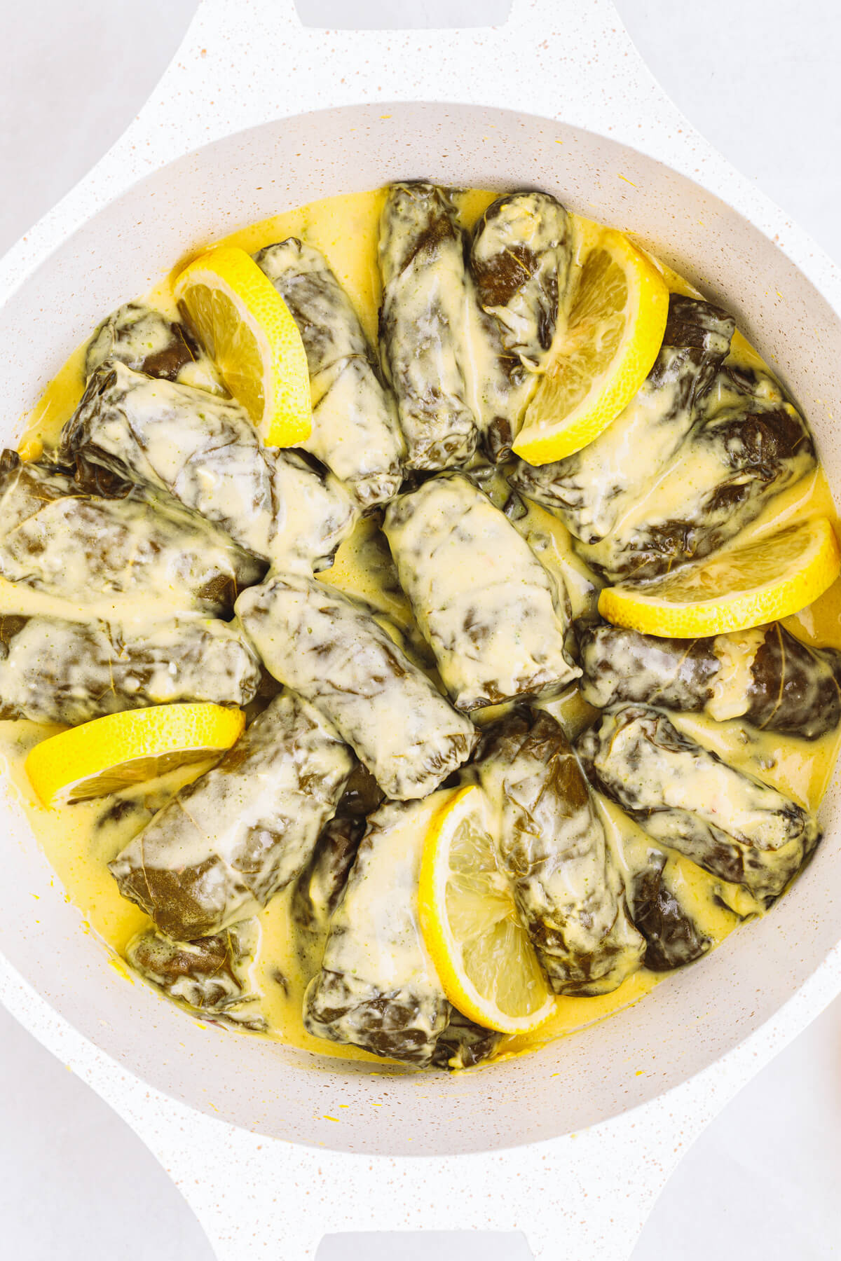A round roasting pan full of stuffed grape vine leaves with lemon slices in a creamy yellow sauce.
