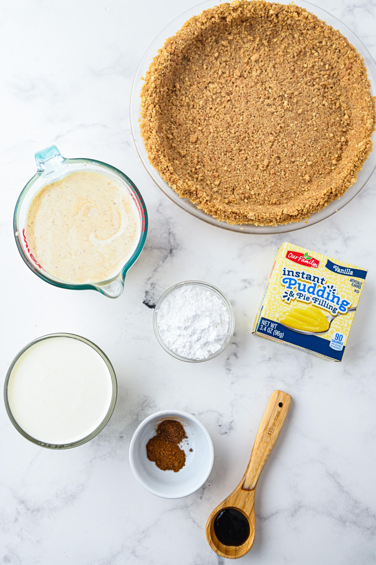 Ingredients required to make a No Bake Eggnog Pie.