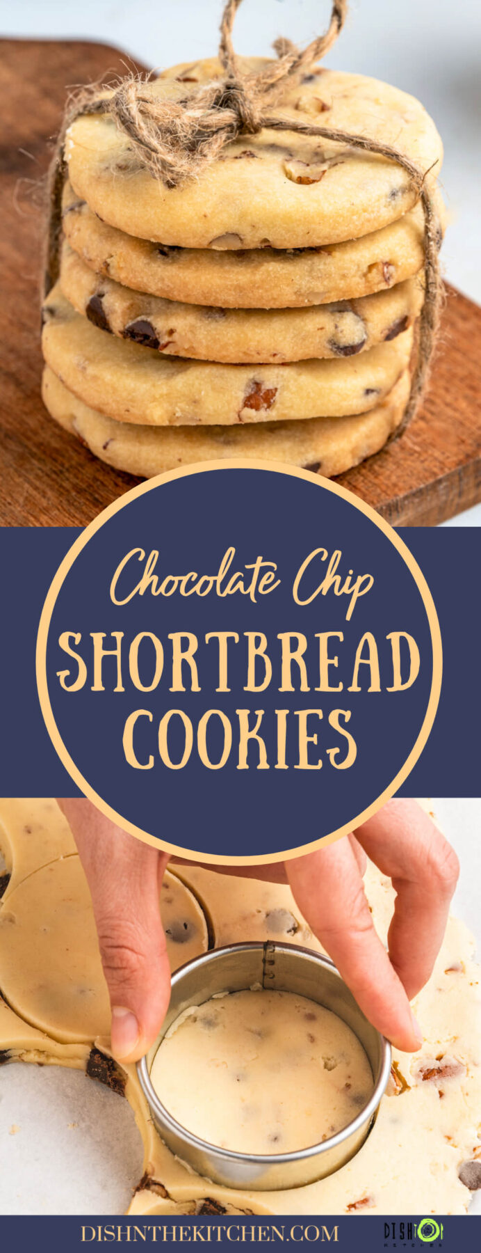 Pinterest image featuring a stack of golden baked shortbread cookies studded with chocolate chips and pecans.