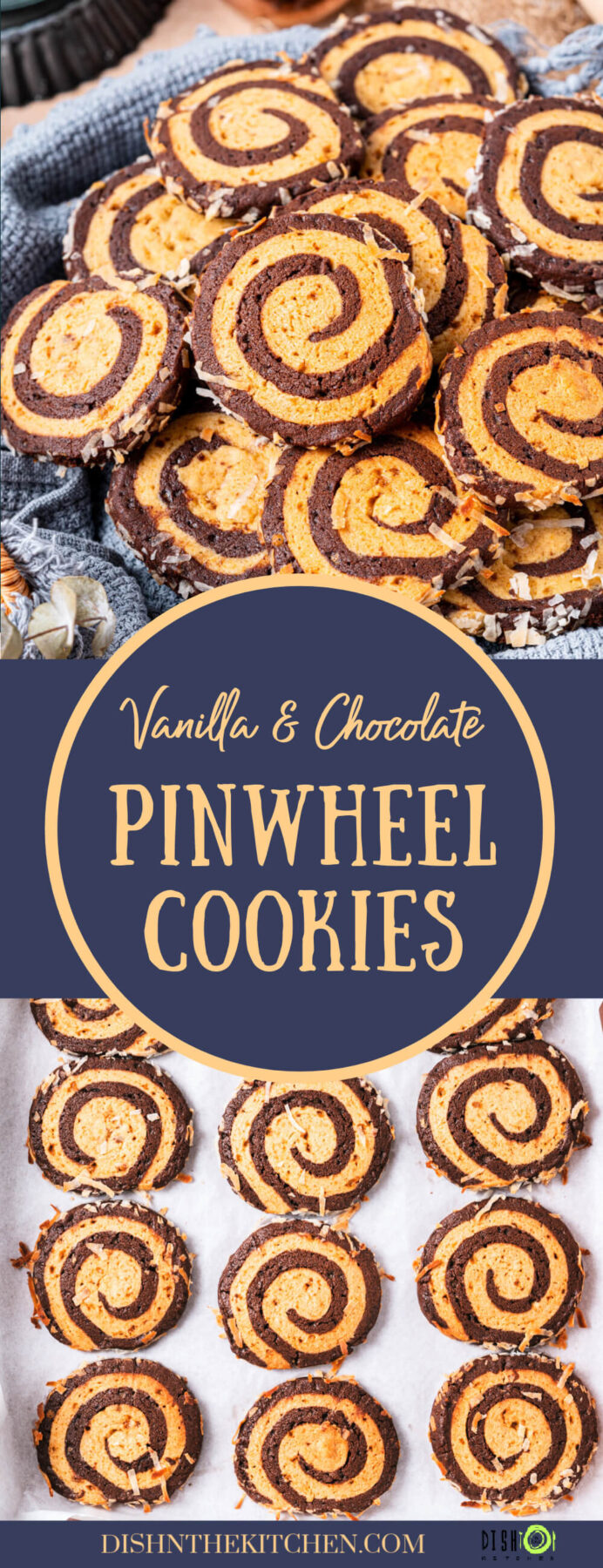 Pinterest image of a plate of Chocolate and Vanilla Pinwheel Cookies and on a piece of parchment.
