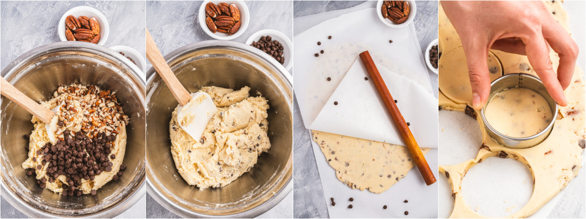 A series of photos showing how to roll and cut Chocolate Chip Shortbread cookies.
