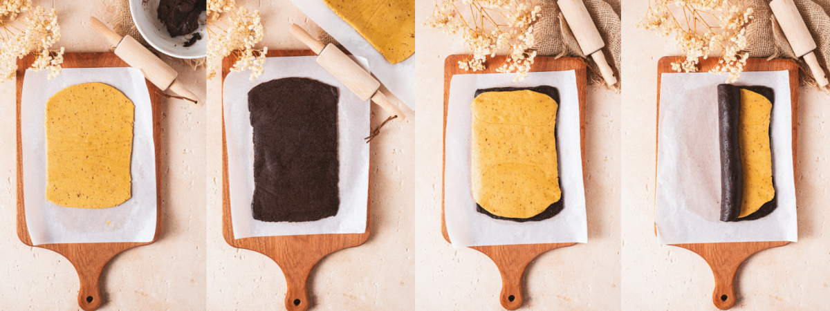 A series of process images showing how to stack and roll the dough for pinwheel cookies.