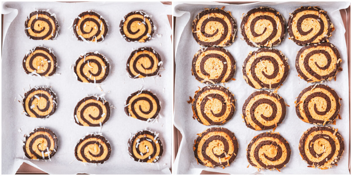 Two images showing raw and baked pinwheel cookies on a baking sheet.