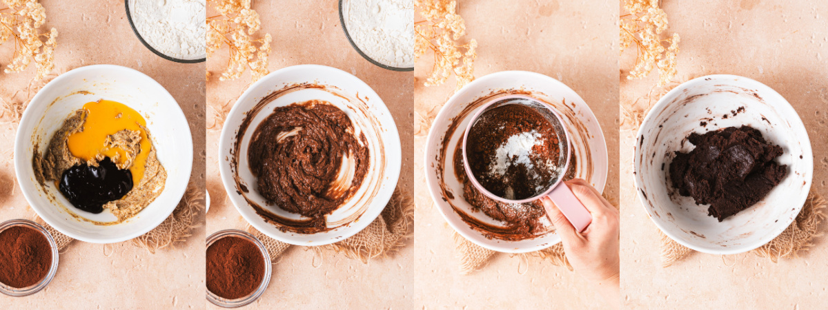 A series of photos showing how to make chocolate cookie dough.