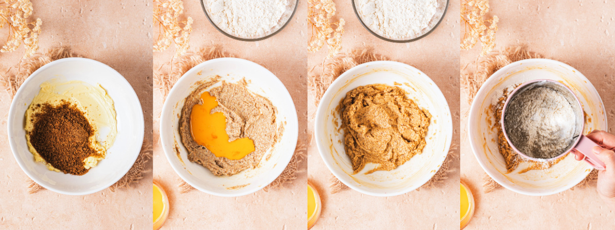 A series of photos showing how to make vanilla cookie dough.
