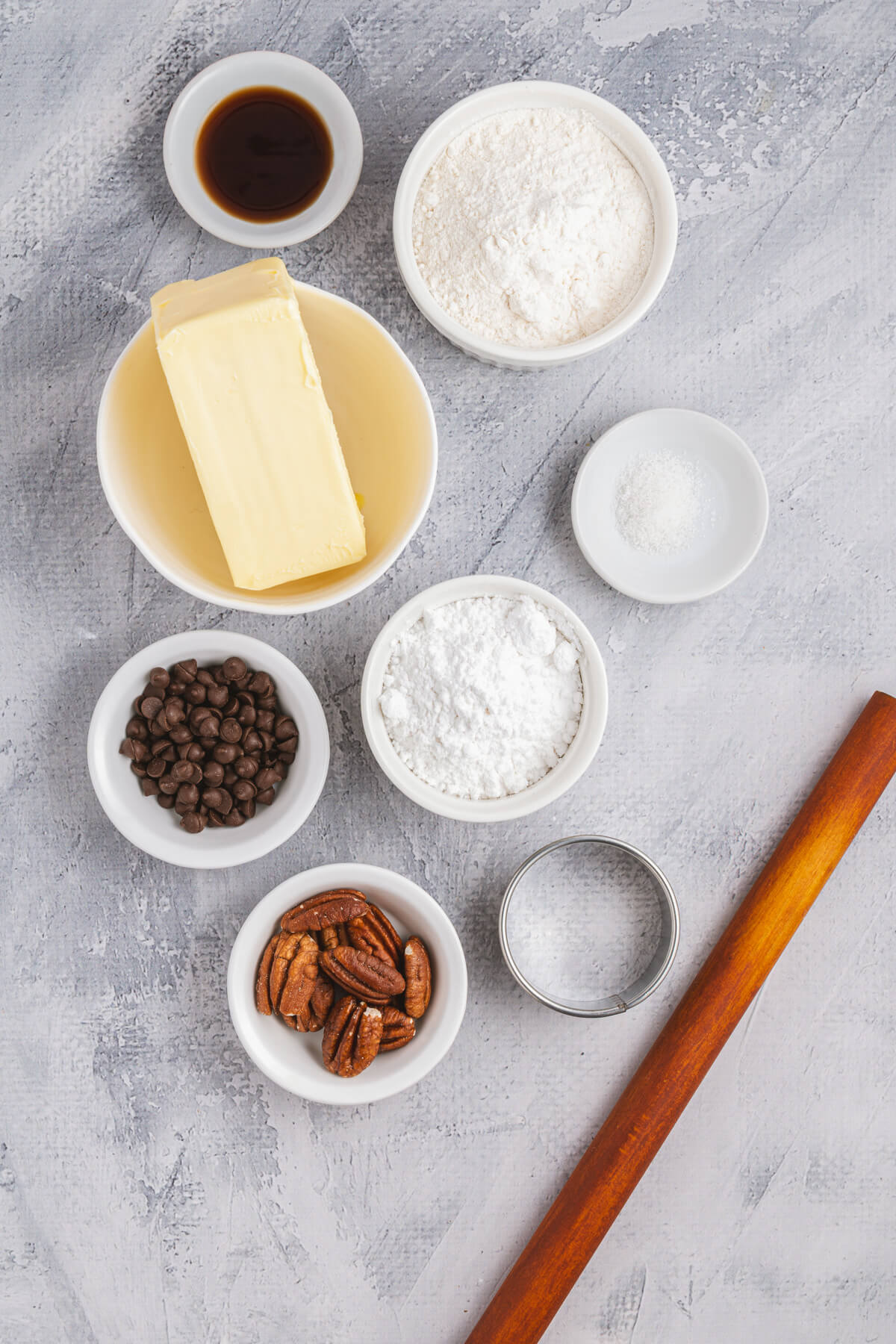 Ingredients required to make Chocolate Chip Shortbread Cookies.