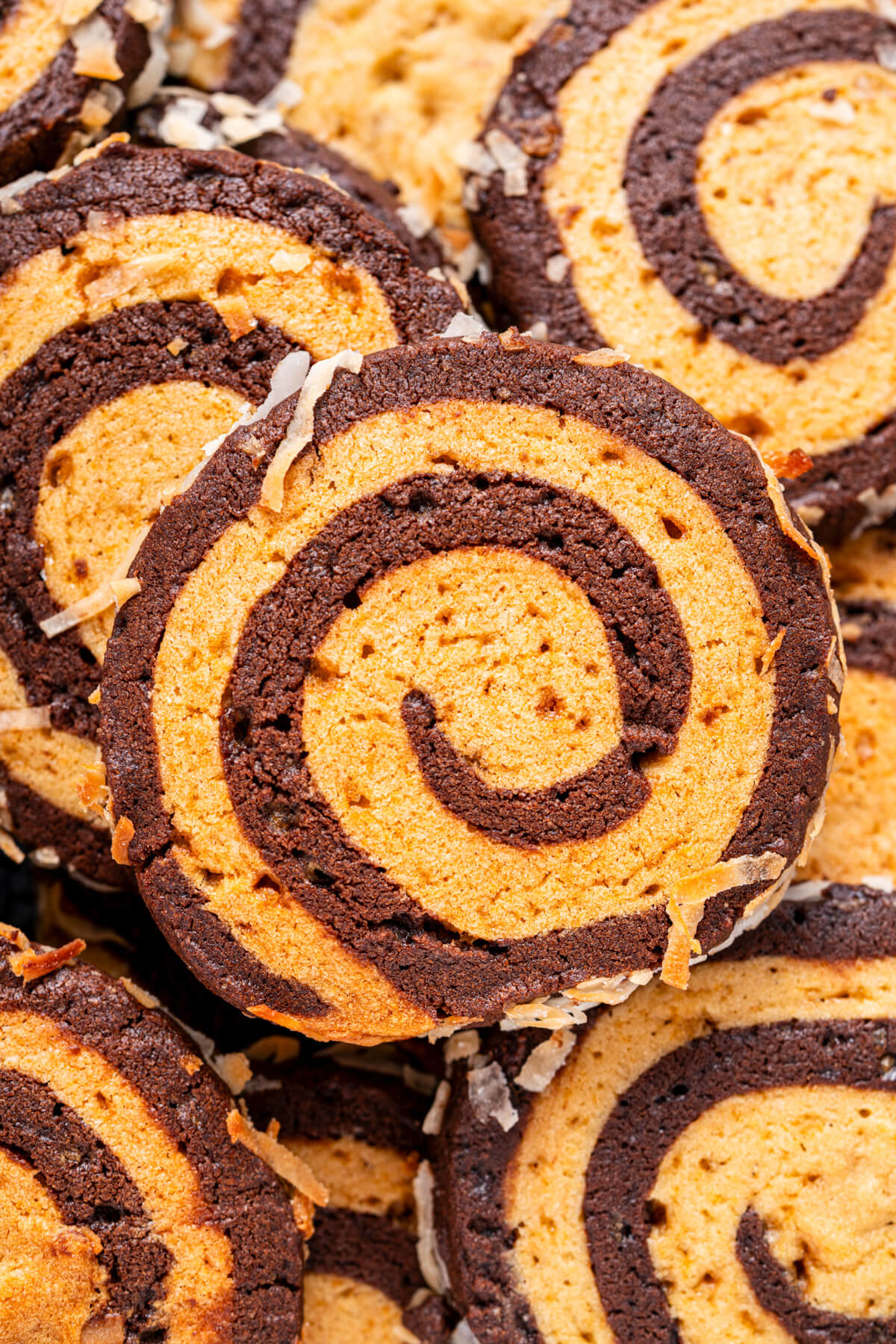 Close up photo of Chocolate and Vanilla Pinwheel Cookies.
