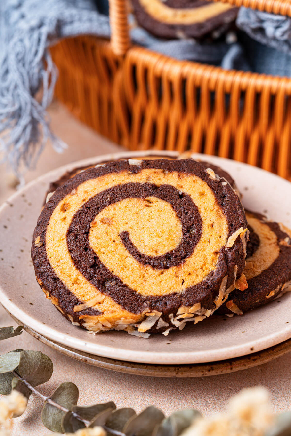 A chocolate and vanilla pinwheel cookie on a plate.