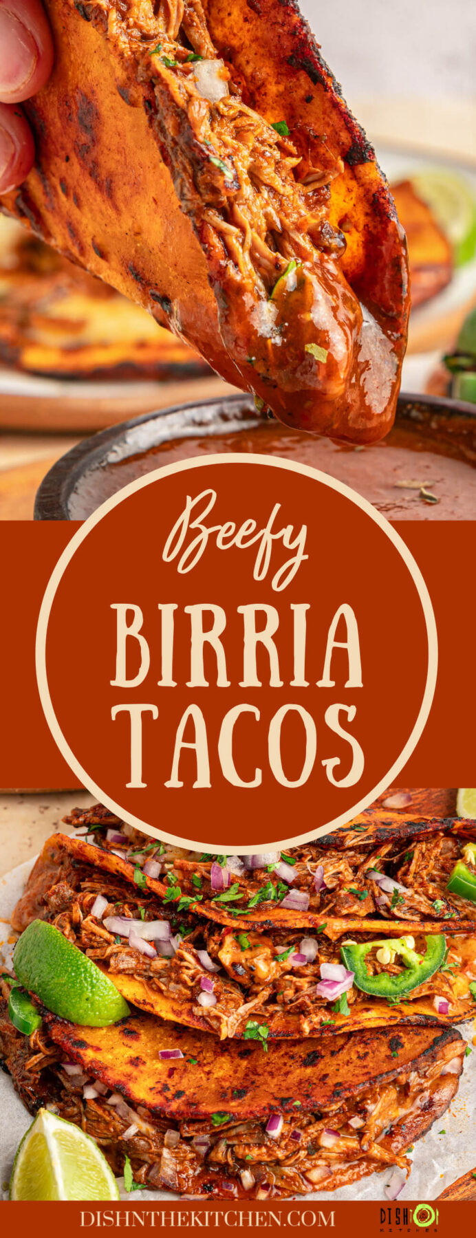 Pinterest image of a beef Birria Taco being dipped into bright orange consommé.