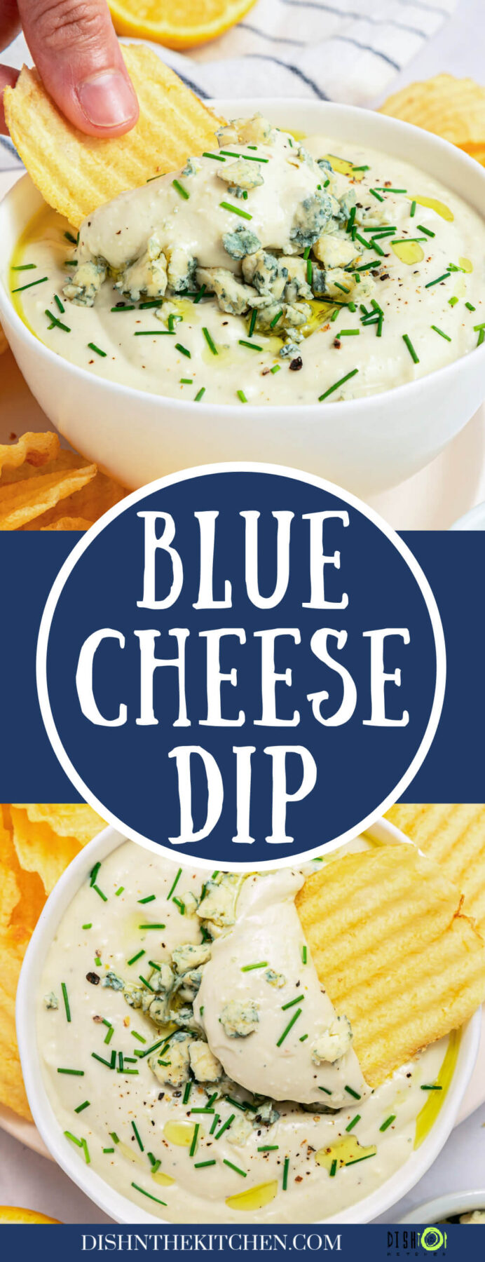 A Pinterest image featuring a ridged potato chip being dipped into a bowl of dip topped with crumbled blue cheese and chopped green chives.