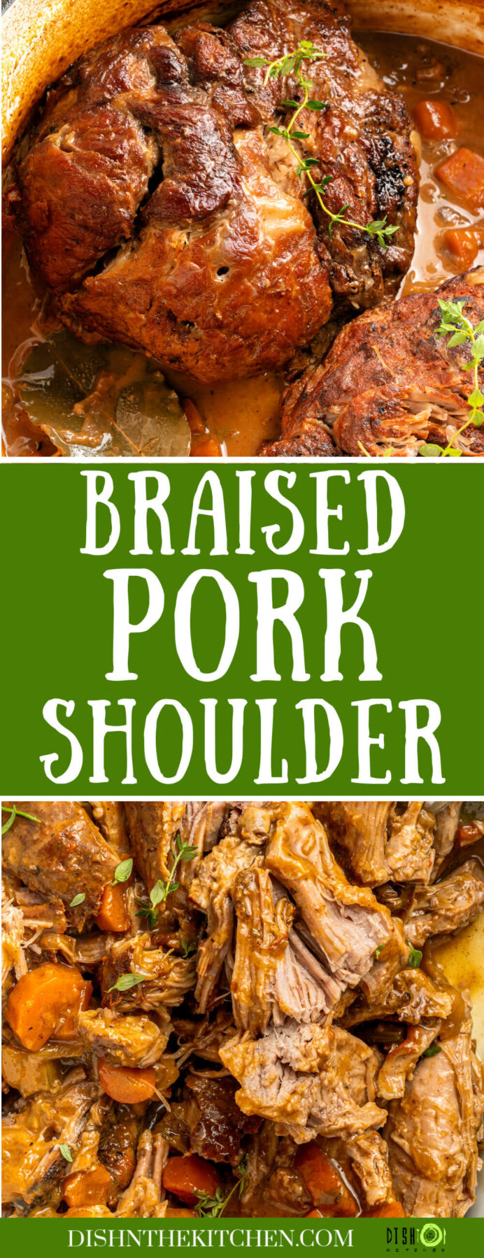 Pinterest image featuring a large braised pork should above a picture of shredded pork in rich gravy.