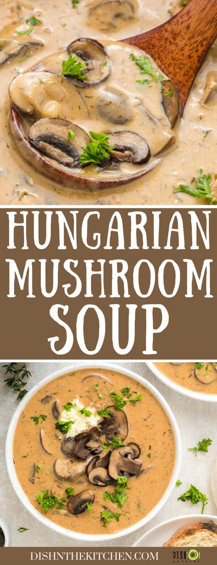Pinterest image of a ladle and bowl full of rich creamy Hungarian Mushroom Soup topped with vibrant green herbs.