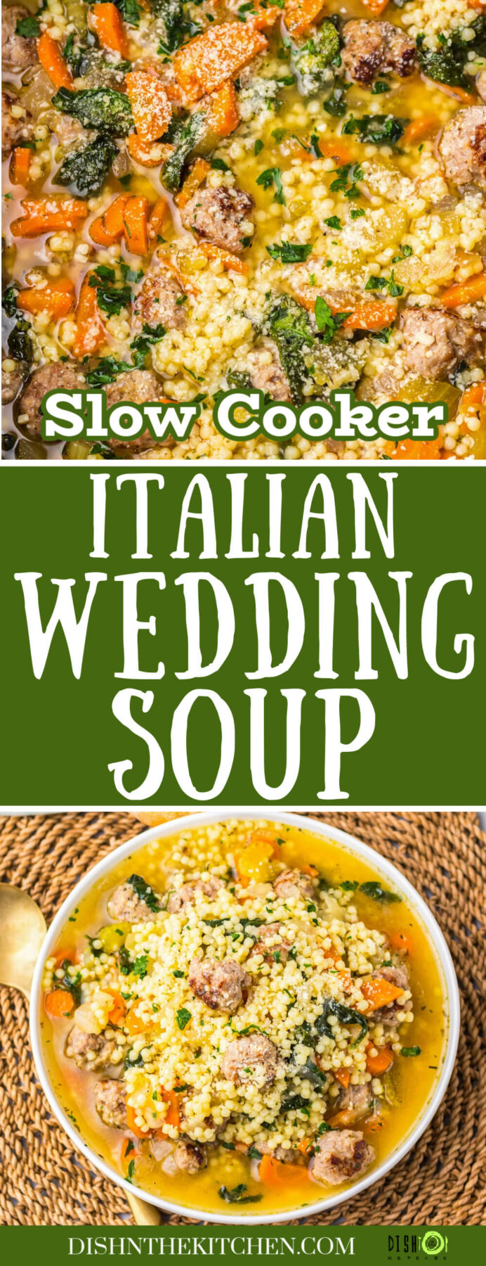 Pinterest image featuring a slow cooker full of Italian Wedding soup with tiny pasta, spinach, carrots, and meatballs in a rich chicken broth.