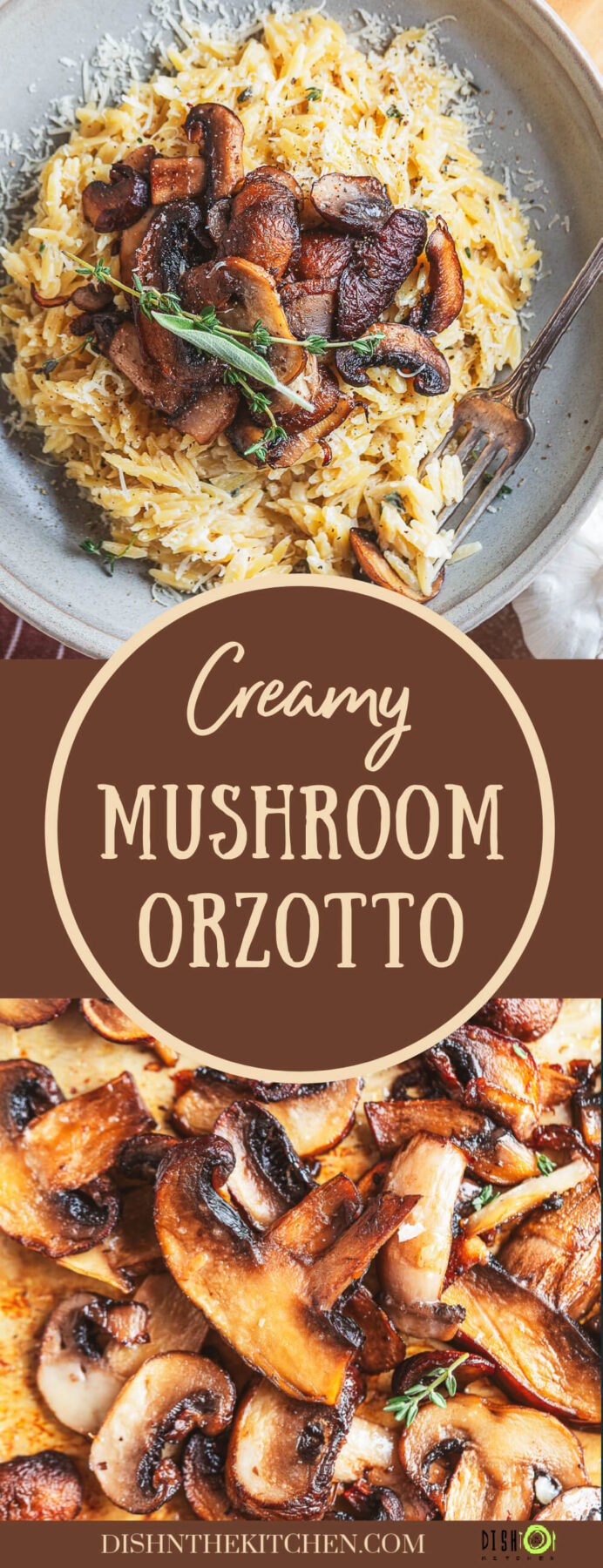 Pinterest image of roasted mushrooms and creamy orzotto topped with roasted mushrooms.