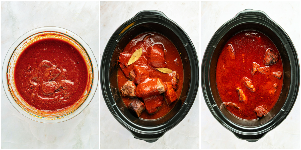 A series of process images showing how beef birria cooks in a slow cooker.