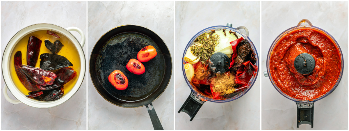 A series of process images showing how to make adobo sauce in a blender.