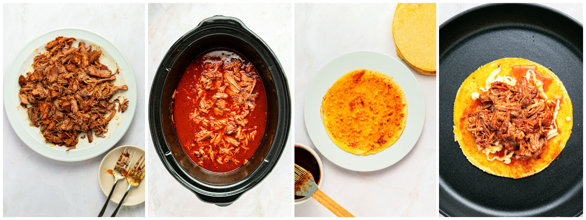 A series of process images showing how to shred birria beef and make birria tacos.