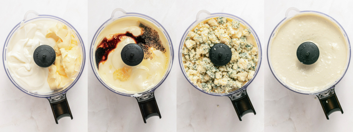 A series of process images showing how to mix the ingredients for Blue Cheese Dip.