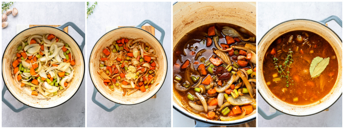 A series of process images showing how to prepare aromatics before braising.