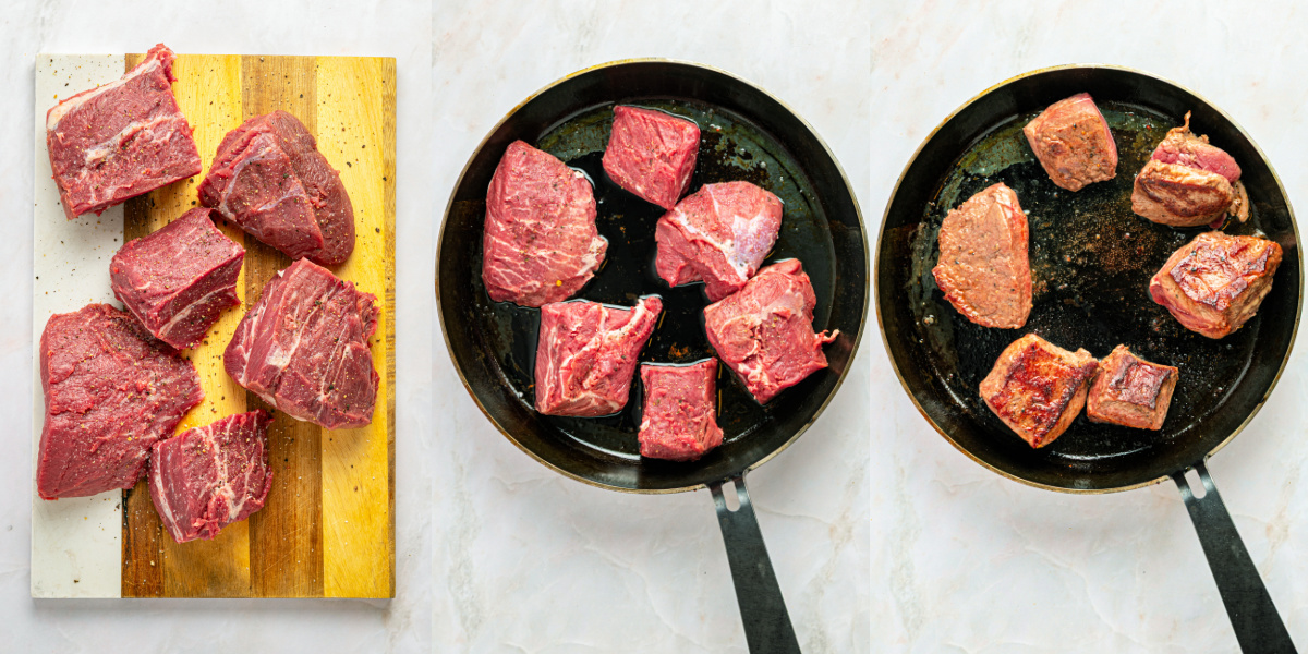A series of process images showing how to cut and sear beef before slow cooking.