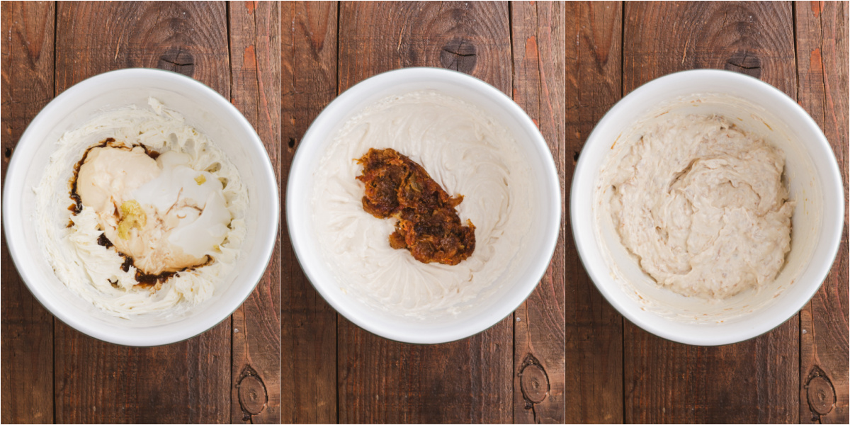 A series of process photos showing how to mix caramelized onion dip.