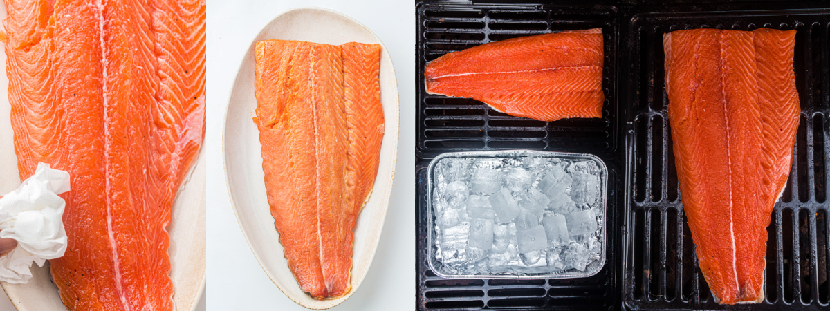 A series of process images showing how to cold smoke a cured fillet of salmon.
