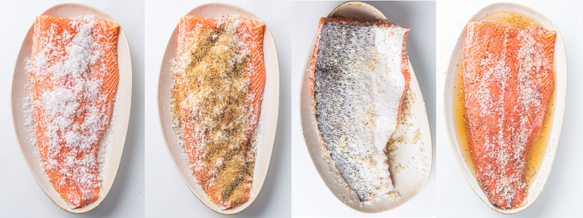 A series of process images showing how to cure a fillet of salmon before cold smoking it.