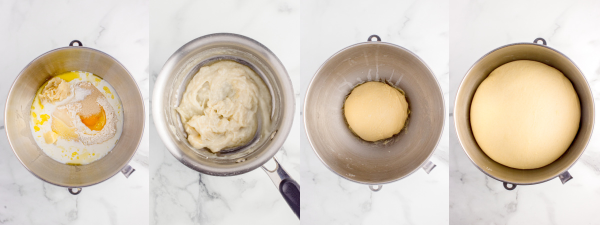 A series of process images showing how to make tangzhou and incorporate it into bread dough.