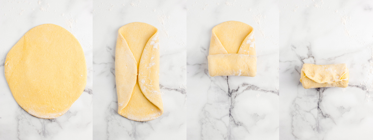 A series of process images showing how to roll dough to make a loaf of shokupan.