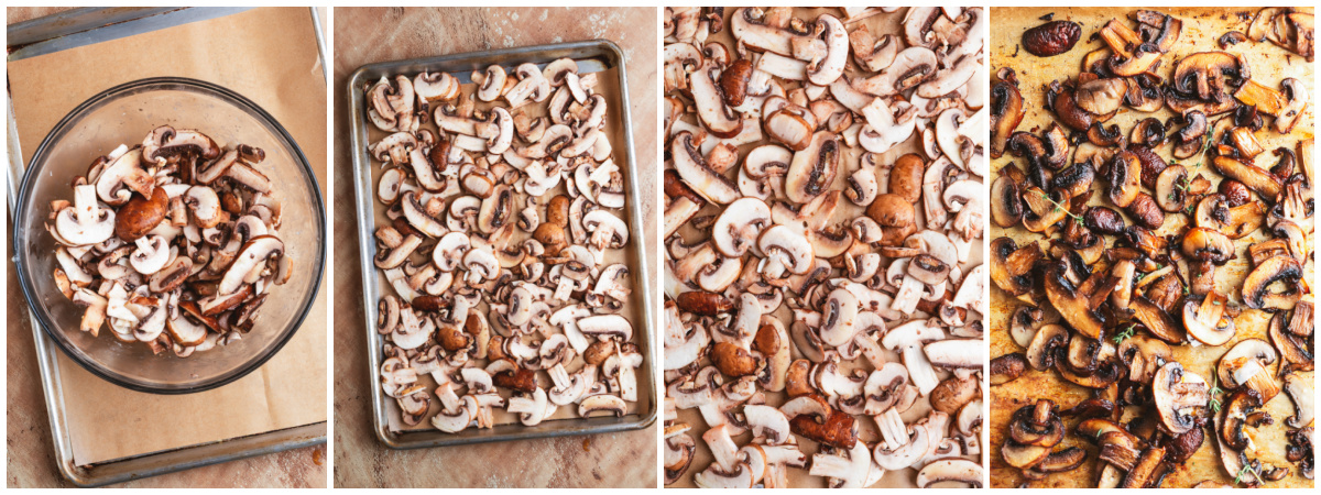 A series of process images showing how to roast mushrooms.