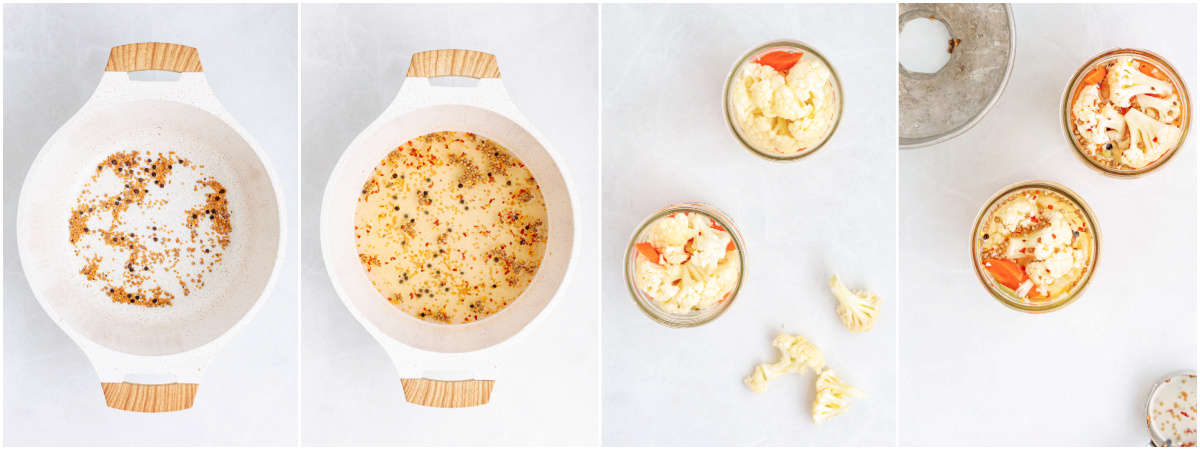 A series of process images showing how to make the bring and pack jars of cauilflower prior to pickling.