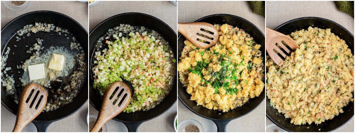 A series of process images showing how to make apple stuffing for pork chops.