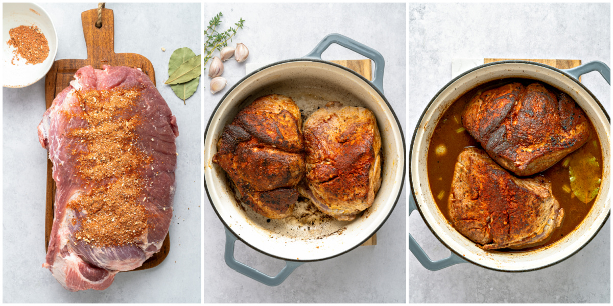 A series of process images showing how to prepare a pork shoulder for braising.