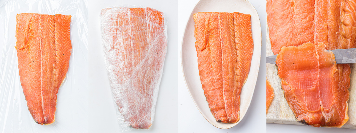 A series of process images showing how to wrap, rest, and slice a fillet of cold smoked salmon.